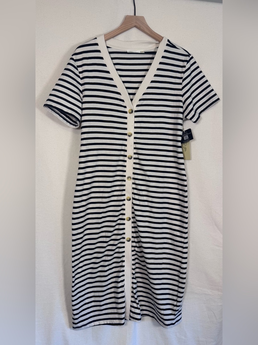 RD Style Black and White Striped Midi Button-Front Dress